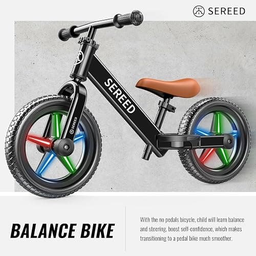 SEREED Toddler Balance Bike 2 Year Old, No Pedal Kids Bicycle Toys for 2-5 Years Old, Tool-Free Adjustment, Customize Plate with Stickers, Gift for 2-3 Boys Girls (Black Lighting) thumbnail 9