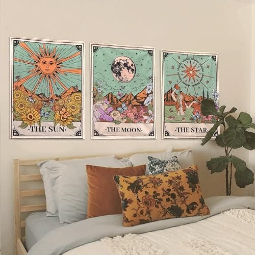 Aipon Tarot Tapestry Cute Tarot Card Tapestries 3 Pack Sun Moon Star Green Floral Flower Small Aesthetic Tapestry Wall Hanging for Bedroom Living Room Dorm (15'' × 20'') thumbnail 4