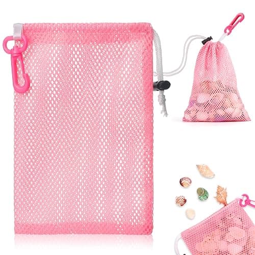 Pink Mesh Beach Bags For Kids 5.9 x 8.3 Inch Seashell Bags With Clip And Toggle Closure For Beach And Box Toy Bag With Toddler Must Haves Beach Vacation Essentials(Only Bags) - Image 1