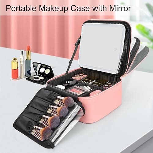 Relavel Travel Makeup Bag With LED Mirror Portable Travel Makeup Organizer 3 Color Adjustable Brightness Waterproof Cosmetic Train Case with Removable Dividers Makeup Storage for Women, Pink thumbnail 7