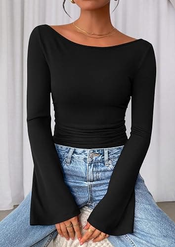 PRETTYGARDEN Women's Long Sleeve Shirts 2025 Fall Crop Going Out Tops Casual Boat Neck Bell Sleeve Ribbed Ruched Y2K Clothes thumbnail 5