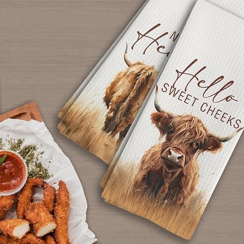 Qeheb Western Highland Cow Bathroom Decor Towels, Farmhouse Hello Sweet Cheeks Hand Towel Decorative Set, Christmas Bathroom Decor, Christmas Highland Cow Lover Gifts Hand Dish Tea Towels 16x24in thumbnail 4