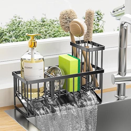 Cisily Kitchen Sink Caddy Organzier with High Brush Holder, Sponge Holder for Sink, 304 Rustproof Stainless, Kitchen Countertop Soap Dispenser Organizer, Kitchen Decor and Accessories (Black) - Image 1