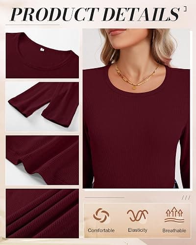 Ficerd 3 Pack Women's Ribbed Long Sleeve Tops, Crew Neck Slim Fit Undershirts Knit Basic Casual Stretch Layering Tee Shirts - Image 1