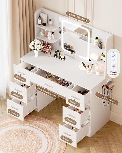 LIVELYGLOW Large Makeup Vanity Desk, 43.3”W x 15.7“D x 53.2”H, White (Large Desktop, Samrt LED Mirror, 4 Open Shelves, 7 Drawers, Hairdryer Rack, Power-Outlet, No Cushion Stool Included) thumbnail 4