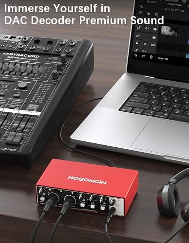 HOSONGIN USB Audio Interface for Beginners - 24Bit/192kHz, 48V Phantom Power, Plug & Play Recording for Podcast/Vocals/Guitar/Youtube, PC/Mac/iOS Compatible (New Red Metal) thumbnail 5