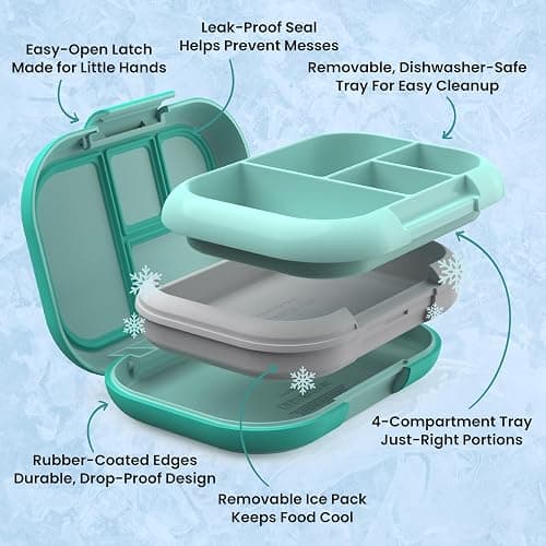 Bentgo Chill Kids Leakproof Lunch Box - 4-Compartment Bento Box with Built-In Ice Pack, 3.3 Cup Capacity, BPA-Free, Microwave & Dishwasher Safe Tray, Ages 3–7 (Aqua) thumbnail 6
