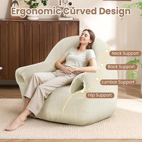 Peace nest Bean Bag Chair with Memory Foam Filled Ultra Soft Corduroy Cover for Adults Comfy Fur Bean Bag Chairs with Armrests for Bedroom Living Room Office Dorm Reading Beige thumbnail 5