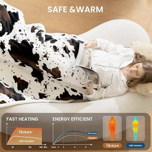 blunique Heated Blanket Electric Blanket, Cow Print Heating Blanket Throw with 10 Heat Levels & 10 Hrs Auto Off ETL Certified, Cozy Soft Fleece Sherpa Heated Throw Blanket, 50''x 60'' Cow Print White thumbnail 3