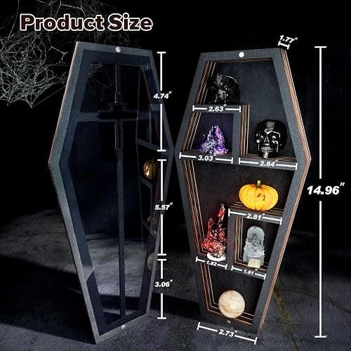 Qmetalart Coffin Shelf with Acrylic Dust Cover, Wooden Gothic Decor for Display or Storage Rocks Mini Figures, Cross Cut-Out Design, Wall Hanging & Tabletop Crystal Display Shelf Gothic Home Decor thumbnail 3