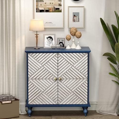 BHAODEAL Antique Wood Carved Accent Cabinet with 2 Doors, Rustic Sideboard Buffet Cabinet with Storage, Antique Credenza for Living Room Entryway Kitchen (Navy Blue) thumbnail 5