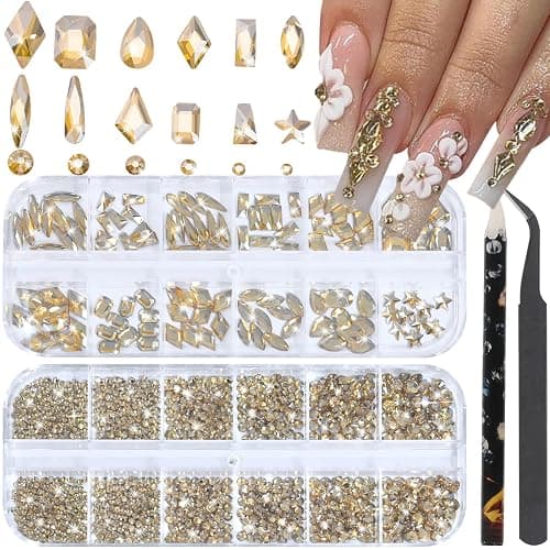 HNUIX Nail Rhinestones - 3D Multi Shape Size Crystal, Champagne Gold Nail Gems, Flat Back, with Kit, for Nail Art, DIY Decorations - Image 1