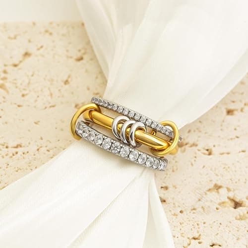 Bopiu Gold Stackable Rings for Women Non Tarnish, 18k Gold Plated Cubic Zirconia Rings, Silver Gold Multi Ring Mixed Metals Stack Rings Set thumbnail 4