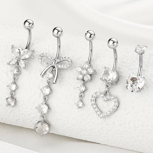 BSJ4U Belly Button Ring Dangle Navel Belly Piercing Jewelry Cute Pink CZ Heart Butterfly Bow Flower Navel Belly Rings for Women 14G Silver Stainless Steel Dainty Dangly Dangling Belly Button Piercing thumbnail 2