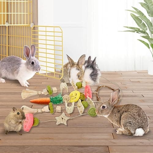 Jorewood Rabbit Chew Toys Bunny Cage Hanging Toy and Treats Rattan Ring with Snacks for Rodent Pets Teeth Healthy thumbnail 4