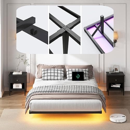 YORMDMO Floating Bed Frame Queen Size, Heavy Duty Bedframe with Smart LED Lights & Charging Station, Modern Metal Platform Bed, Easy Assembly No Box Spring Needed, 8 Inch thumbnail 7