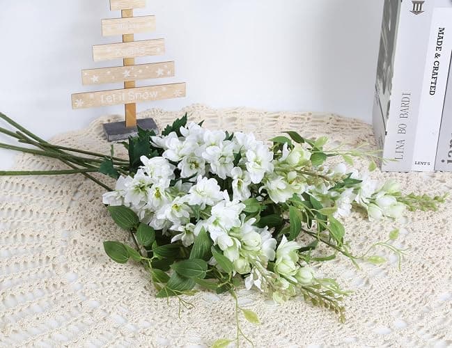 ICBOX 8PCS White Artificial Delphinium Flowers with Clematis Greenery Long Stem Flowers 29.5" Larkspur Artificial Flowers for Wedding Centerpieces Silk Flowers for Home Decor Indoor (White) thumbnail 4
