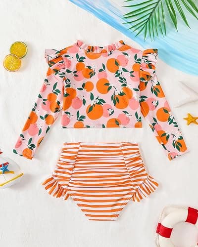 Mioglrie Toddler Girls Swimsuit Little Girls Long Sleeve Two Piece Ruffle Rash Guard Bathing Suit Kid Swimwear 2-6 Years thumbnail 3