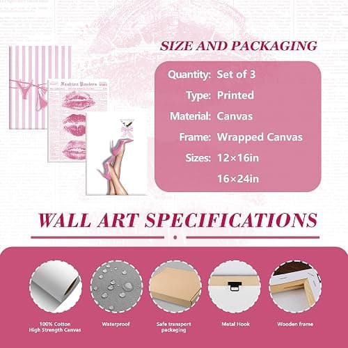3Pcs Trendy Coquette Wall Art Pink Lips Bikini & Bow Heels Wall Decor Pictures Vintage Martini Newspapaer Canvas Posters Prints for Y2K Girly Room Dorm Apartment Preppy Aesthetic Decor 16x24in thumbnail 2