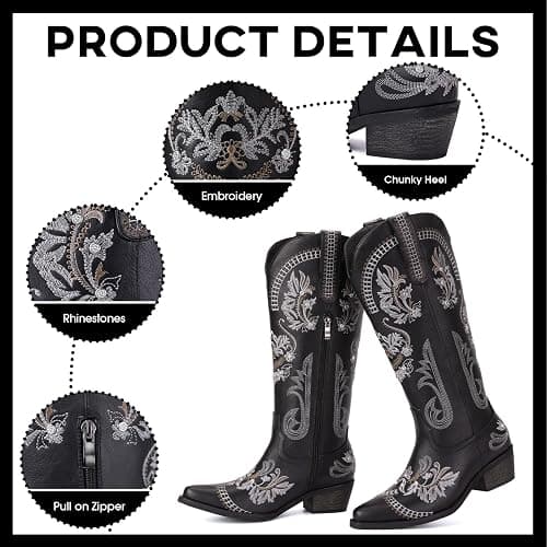 Dixhills Women's Wide Calf Knee High Sparkly Rhinestone Western Country Boots - Glitter, Classic Embroidery, Pointed Toe, Pull On Zipper Retro Boots thumbnail 4