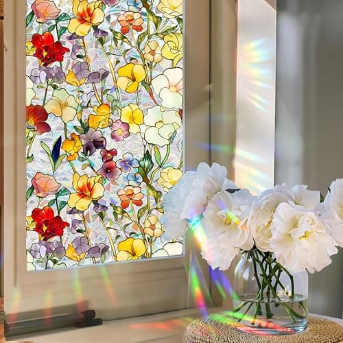 Floral Stained Glass Window Privacy Film, Retro Decorative Rainbow Window Privacy Film Sun Blocking, Magnolia Flower Glass Decal,Static Cling Stickers for Living Room, Car Sunroof. (H, 17"W x 78.74"L) thumbnail 5