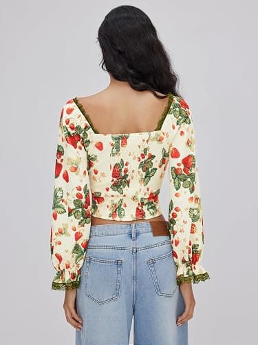 CIDER Women's Cute Crop Tops Strawberry Long Sleeve Tops Lace Trim V Neck Shirts Casual Spring Fall Outfits Y2K thumbnail 5