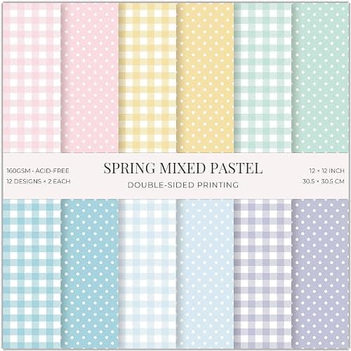 24 Sheets Pink Spring Pastel Essential Patterns Scrapbook Paper Pad - 12x12 inch 160GSM Heavyweight Cardstock, Double-Sided Polka Dot, Gingham Designs for Card Making, DIY Crafts, Photo Album - Image 1