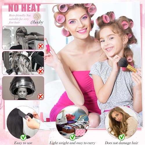 4 Sizes Self-Grip Hair Rollers Set for Long, Short Hair and Bangs - 50 Pcs with Clips (25mm, 36mm, 48mm, 60mm), Pink thumbnail 5