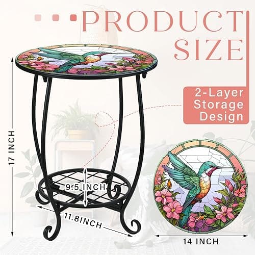 Cinnvoice Outdoor Side Table Round Small Mosaic Patio Accent Indoor End Plant Metal Coffee Tea Table for Yard Porch Garden Patio Living Room, Bedroom(Hummingbird Style,14 Inch) thumbnail 3