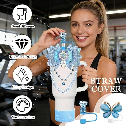 Diamond Bling Accessories for Stanley Cup Tumbler 40oz 30oz 24oz Blue Slate | 7PCS bling tumbler accessories set with bow charm, pearl handle strap, silicone boot, straw covers and charms thumbnail 4