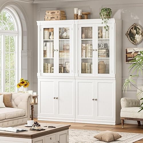 FACBOTALL 71.3'' Tall Bookcase with Glass Doors, Farmhouse Book Shelf with Adjustable Shelf, Tall Bookshelf with Storage, Bookshelves and Bookcases with 5 Tier Display Storage for Living Room, White thumbnail 4
