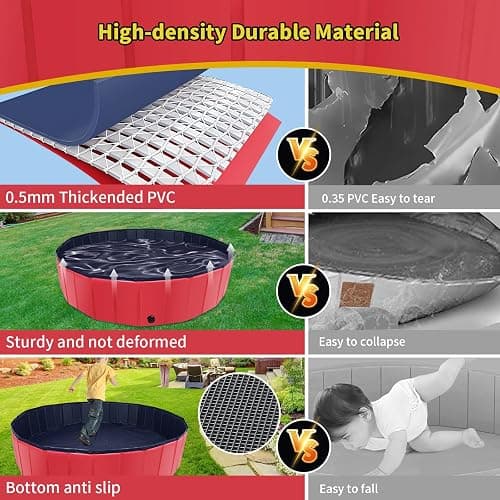 CACSPS Foldable Dog Pool, 55" x 12" Kiddie Pool with Hard Plastic, Non-Slip Dog Bath Tub for Outdoor Backyard, Collapsible Dog Swimming Pool for Kids Dogs Pets (Red) - 55" - Red thumbnail 2