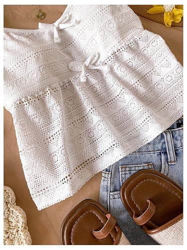 RoseSeek Girl's Boho Bowknot Hollow Out Camisole Tops Spaghetti Strap V Neck Babydoll Crop Top thumbnail 4
