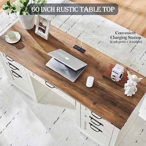 RedLemon 60" Farmhouse Executive Desk with Drawers, Wood Home Office Desk w/Charging Station, Keyboard Tray, File Drawer, Storage Cabinet, Rustic Computer Writing Desk (Antique White) thumbnail 3