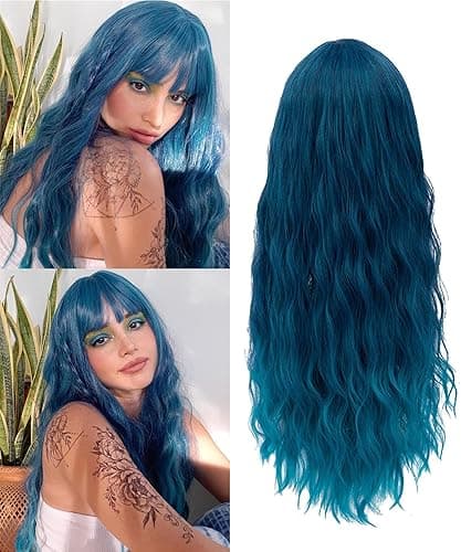Netgo Teal Wig for Women, Dark Blue Wig with Bangs, Long Fluffy Curly Wavy Blue Hair Wigs for Girl Synthetic Daily Cosplay Party Wigs - Dark Blue - Image 1
