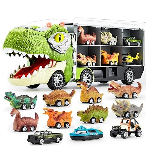 JOYIN 13 in 1 Dinosaur Toys for Kids 3-5, Dinosaur Truck with 12 Pull Back Cars, Small Cars Set, Birthday Gifts Toys for 3 4 5+ Year Old Boy, Transport Carrier Truck for Toddlers 3-4 Years - Image 1