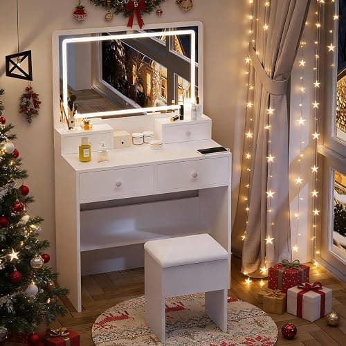 Haewon White Vanity Desk with Mirror and Power Outlet, Makeup Vanity with Adjustable Brightness and 3 Lighting Modes, Dressing Table Set with 4 Drawers, Storage Chair for Bedroom thumbnail 6