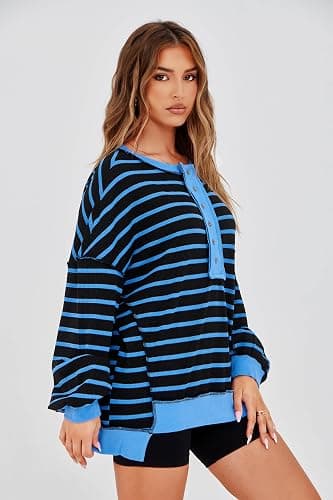 Tankaneo Womens Oversized Striped Sweatshirts Henley Shirts Color Block Casual Pullover Waffle Knit Tops thumbnail 3