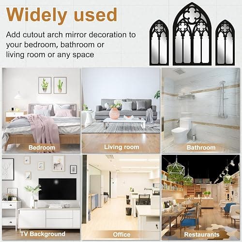 3Pcs Gothic Mirrors Wall Decor, 11.8" Arched Decorative Mirror Wall Mounted Goth Room Decor Vintage Cathedral Window Mirror Indoor Wood Framed Entry Mirror Living Room Bathroom (Model D (3 flowers)) thumbnail 5