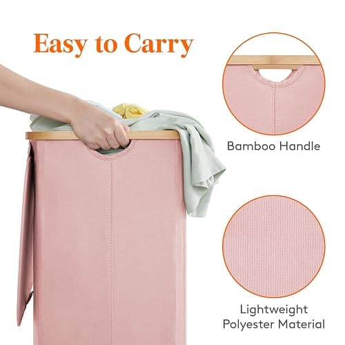 Lifewit 100L Laundry Basket with Lid, Clothes Hampers for Laundry with Bamboo Handles and A Removable Laundry Bag, Large Foldable Laundry Hamper for Bedroom, Bathroom, Dorm, Laundry Room, Pink - Pink - 100L thumbnail 6