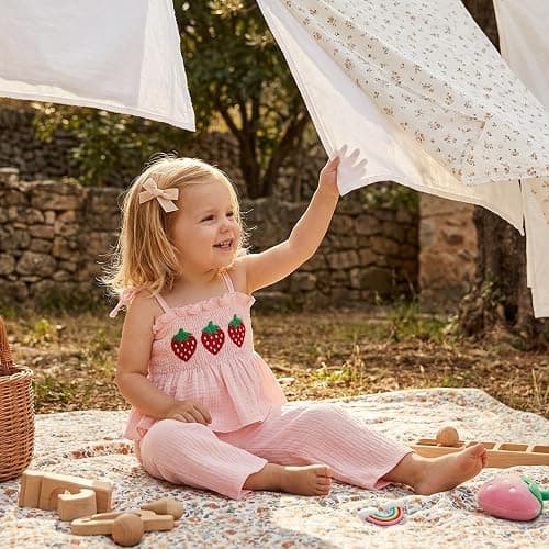 Socutebabe Toddler Baby Girl Summer Clothes Sleeveless Muslin Smocked Top Pants 6 9 12 18 Month 2 3 4 5 Year Cute Kids Outfit thumbnail 2