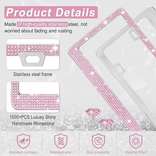 Amiss Bling License Plate Frame for Women, 1Pack Rhinestone Handcrafted Crystal Premium Stainless Steel, Stainless Steel Car Accessories with Diamond Sparkle Glitter Caps (Pink) thumbnail 3