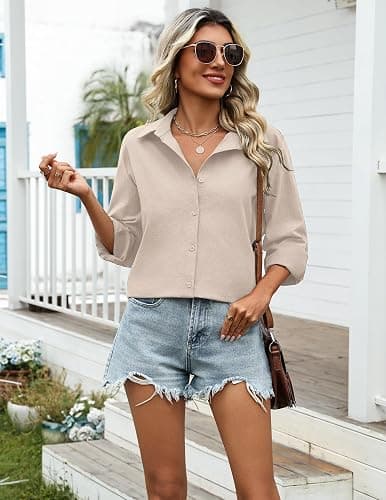 Zeagoo Womens Cotton Linen Button Down Shirts Loose Fit Long Sleeve Collared Blouse Casual V Neck Tops Outfits S-3XL thumbnail 2