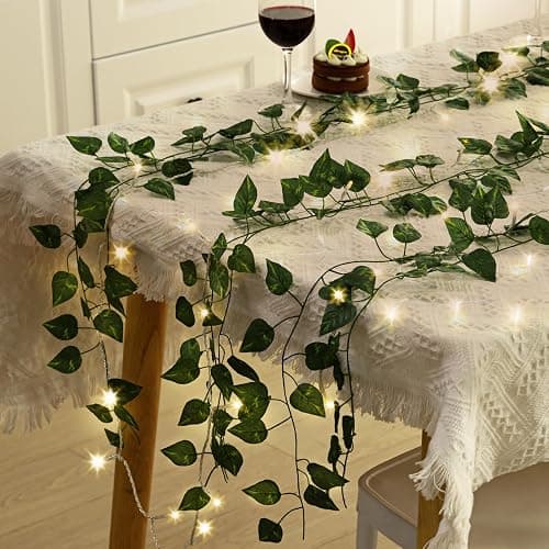 CEWOR 14 Pack 98ft Fake Ivy Vines, Artificial Ivy Garland with 100 LED String Lights, Hanging Plants Greenery Backdrop Green Leaves for Bedroom Room Wall Decor Wedding Party Table Decoration thumbnail 5