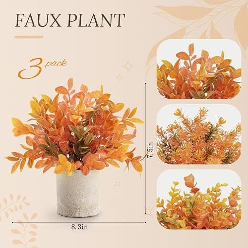 Der Rose 3 Pack Fake Plants Warm Orange Faux Plants for Fall Table Decor | Orange maple-toned eucalyptus, lightweight and compact, maintenance-free, autumn accents for shelf kitchen bedroom entryway thumbnail 3