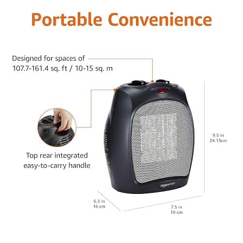 Amazon Basics Ceramic Space Heater, Portable Indoor Heating Solution, With Overheat and Tip-Over Protection, Thermostat, Non-Oscillating, 1500W, 7.52"D x 6.34"W x 9.45"H, Black thumbnail 3