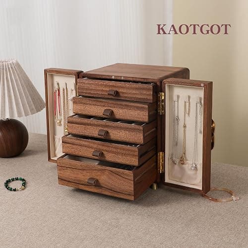 KAOTGOT Jewelry Box for Women Girls, Wooden Jewelry Box Organizer Functional With Drawers, 5 Layers Jewelry Storage Organizer for Earring, Ring, Necklace, Bracelets thumbnail 6