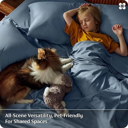 Bedsure PureWoven 100% Rayon Derived from Bamboo, Full Size Sheets, 4 PCS | Cooling Sheets for Hot Sleepers, Breathable & Silky Soft, 16" Deep Pocket, Hotel Luxury Bedding, Dusty Blue thumbnail 6