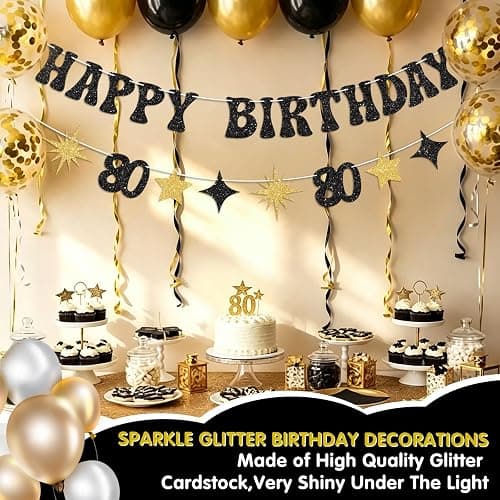 Vofrise Black Gold Happy 80th Birthday Banner Pre-Strung 80th Birthday Decorations for Women Men Glitter Star Cheers to 80 Years Old Birthday Decorations Eighty Bday Party Supplies thumbnail 4