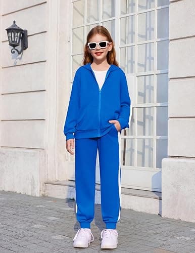 Arshiner Girls 2 Piece Outfits Sweatsuits Athletic Tracksuit Jogger Set | Zip up hoodie sweatshirt and sweatpant with pockets, Side stripes splicing design, Ribbed cuffs, Medium thickness fabric thumbnail 2
